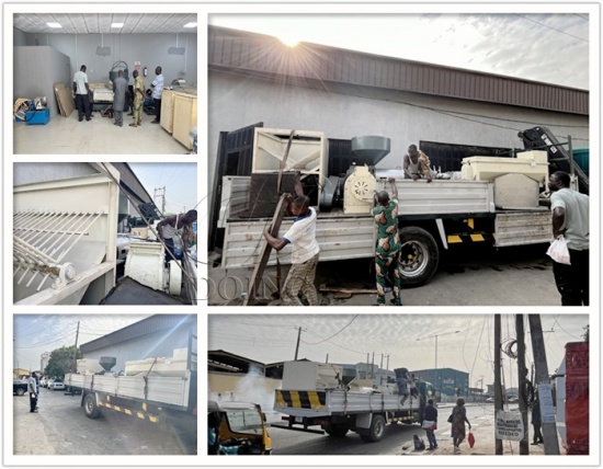 Nigerian customer went to DOING overseas warehouse for loading the small palm oil processing equipment and palm kernel oil press equipment
